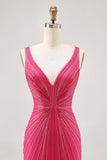 Fuchsia V-Neck Beaded Bodycon Short Prom Dress