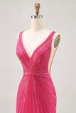Fuchsia V-Neck Beaded Bodycon Short Prom Dress