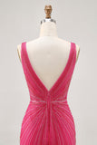 Fuchsia V-Neck Beaded Bodycon Short Prom Dress