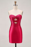 Strapless Cut Out Fuchsia Beaded Tight Cocktail Dress