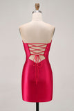 Strapless Cut Out Fuchsia Beaded Tight Cocktail Dress