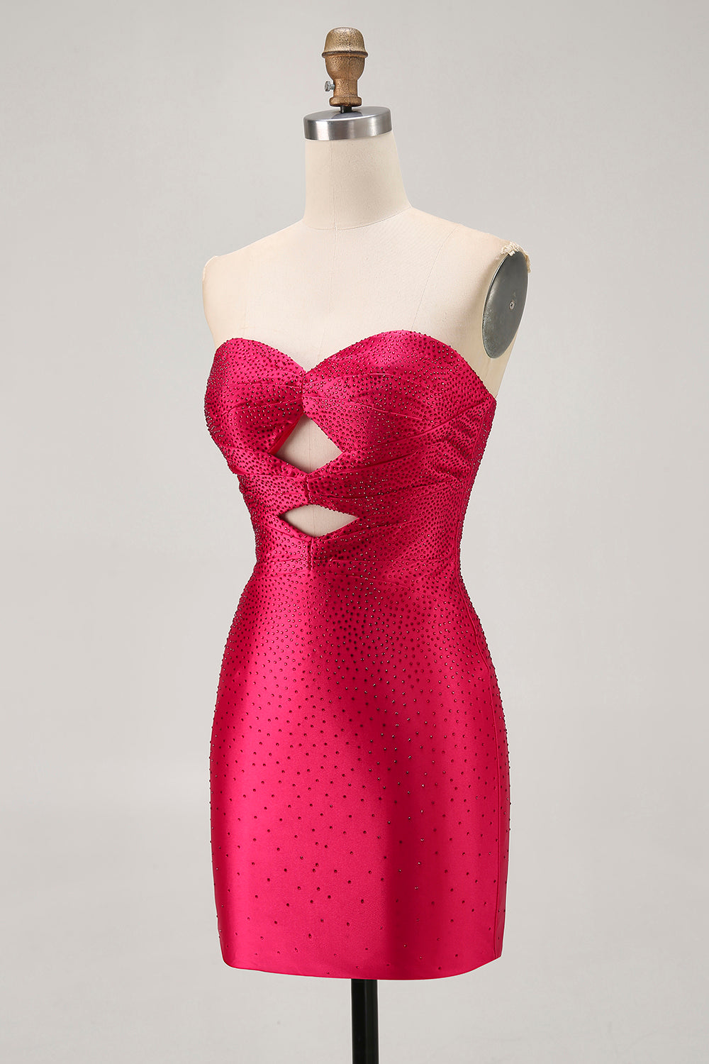 Strapless Cut Out Fuchsia Beaded Tight Cocktail Dress