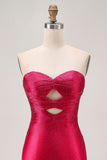 Strapless Cut Out Fuchsia Beaded Tight Cocktail Dress
