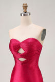 Strapless Cut Out Fuchsia Beaded Tight Cocktail Dress