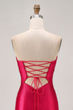 Strapless Cut Out Fuchsia Beaded Tight Cocktail Dress
