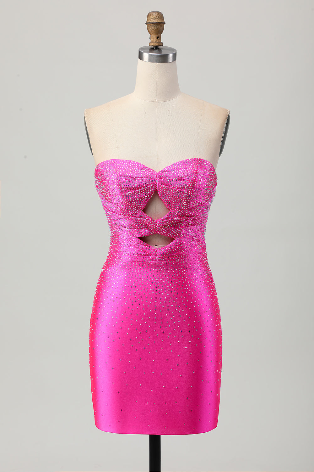 Strapless Cut Out Fuchsia Beaded Tight Cocktail Dress