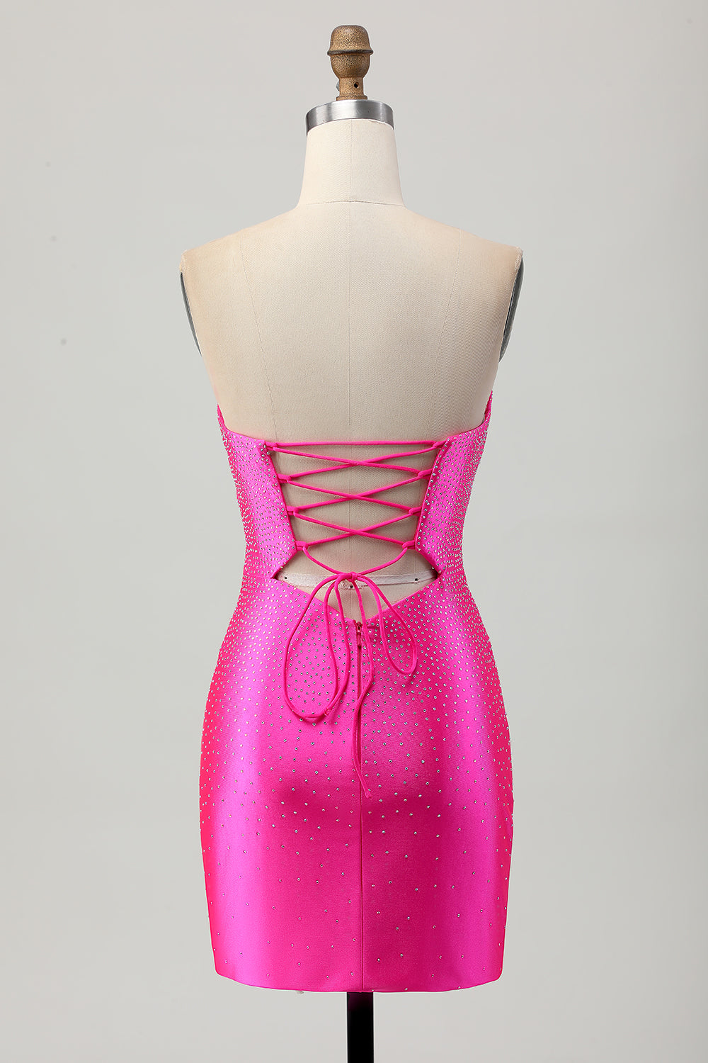 Strapless Cut Out Fuchsia Beaded Tight Cocktail Dress