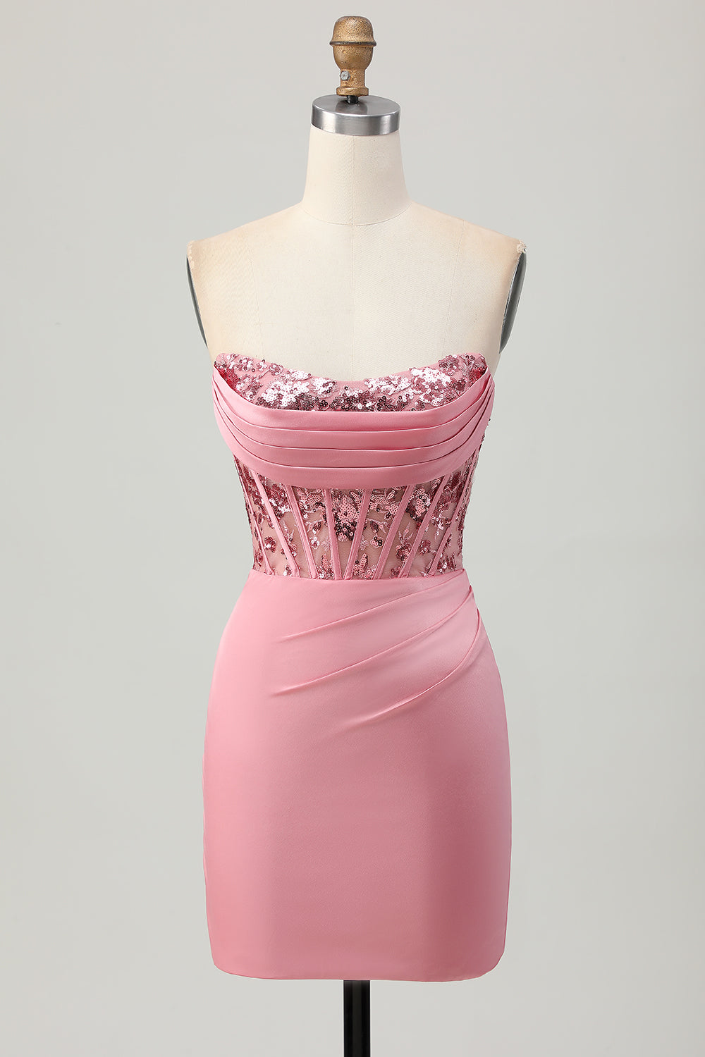 Strapless Blush Corset Sequins Bodycon Short Prom Dress