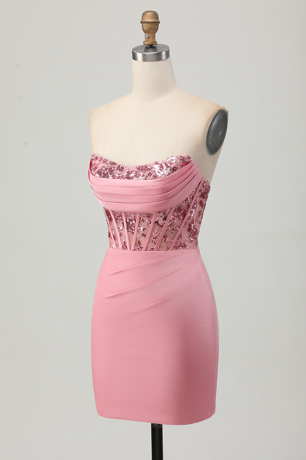 Strapless Blush Corset Sequins Bodycon Short Prom Dress