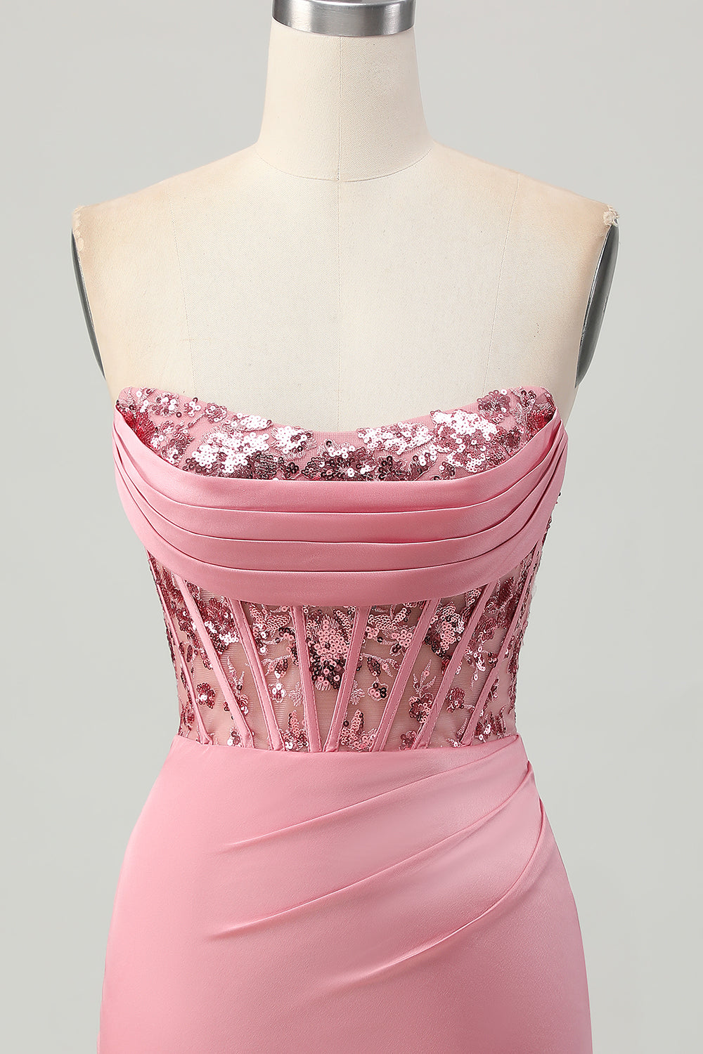 Strapless Blush Corset Sequins Bodycon Short Prom Dress