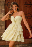 Cute Light Yellow Strapless Tiered A Line Short Prom Dress with Bow