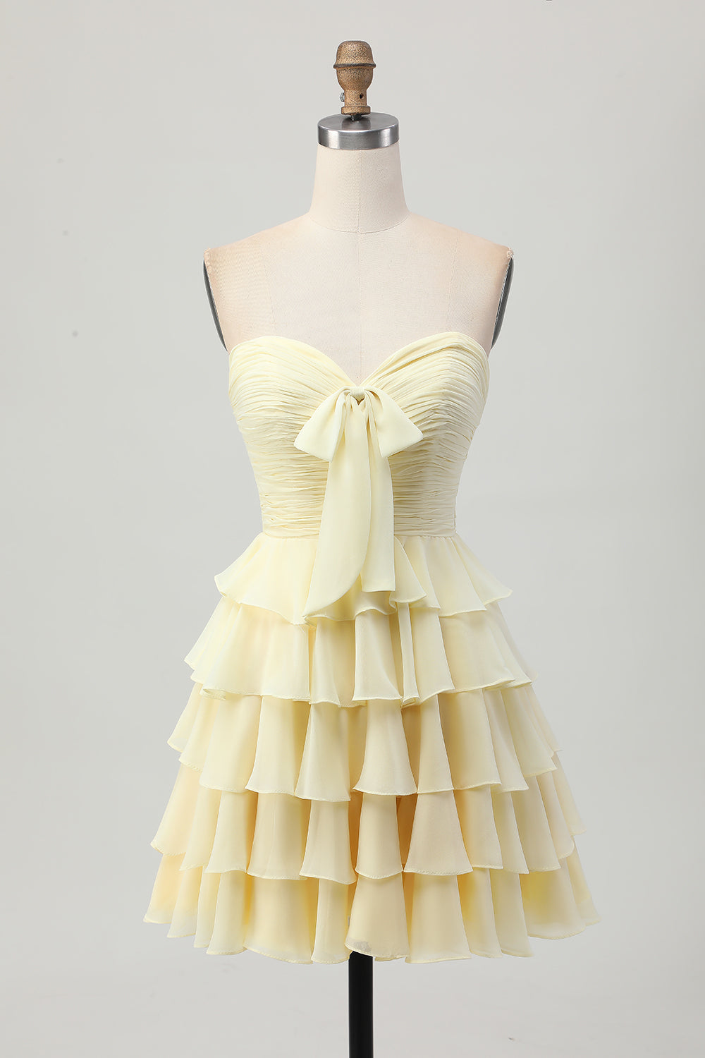 Cute Light Yellow Strapless Tiered A Line Short Prom Dress with Bow