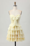 Cute Light Yellow Strapless Tiered A Line Short Prom Dress with Bow