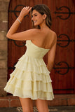 Cute Light Yellow Strapless Tiered A Line Short Prom Dress with Bow