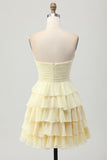 Cute Light Yellow Strapless Tiered A Line Short Prom Dress with Bow