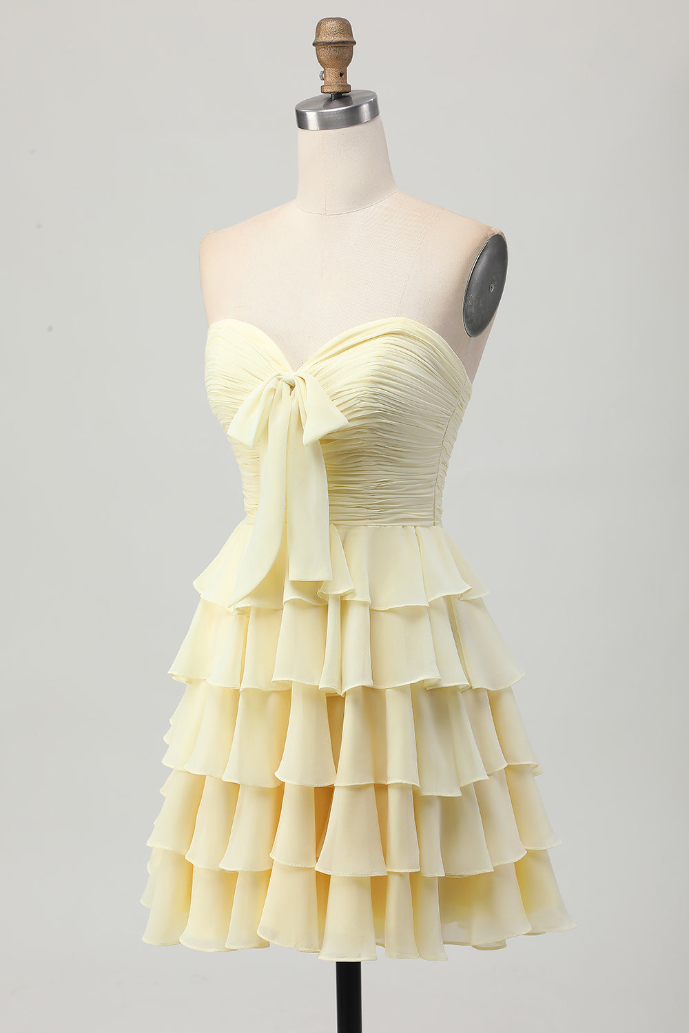 Yellow Strapless A Line Tiered Short Prom Dress with Bow