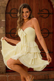 Cute Light Yellow Strapless Tiered A Line Short Prom Dress with Bow