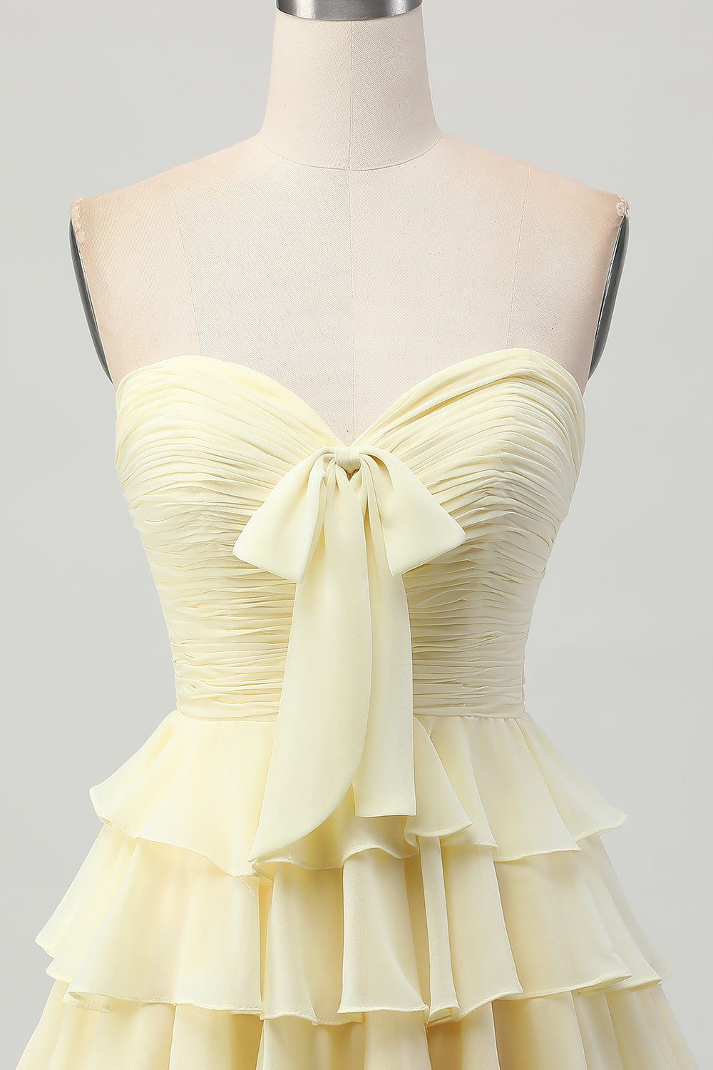 Yellow Strapless A Line Tiered Short Prom Dress with Bow