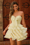Cute Light Yellow Strapless Tiered A Line Short Prom Dress with Bow