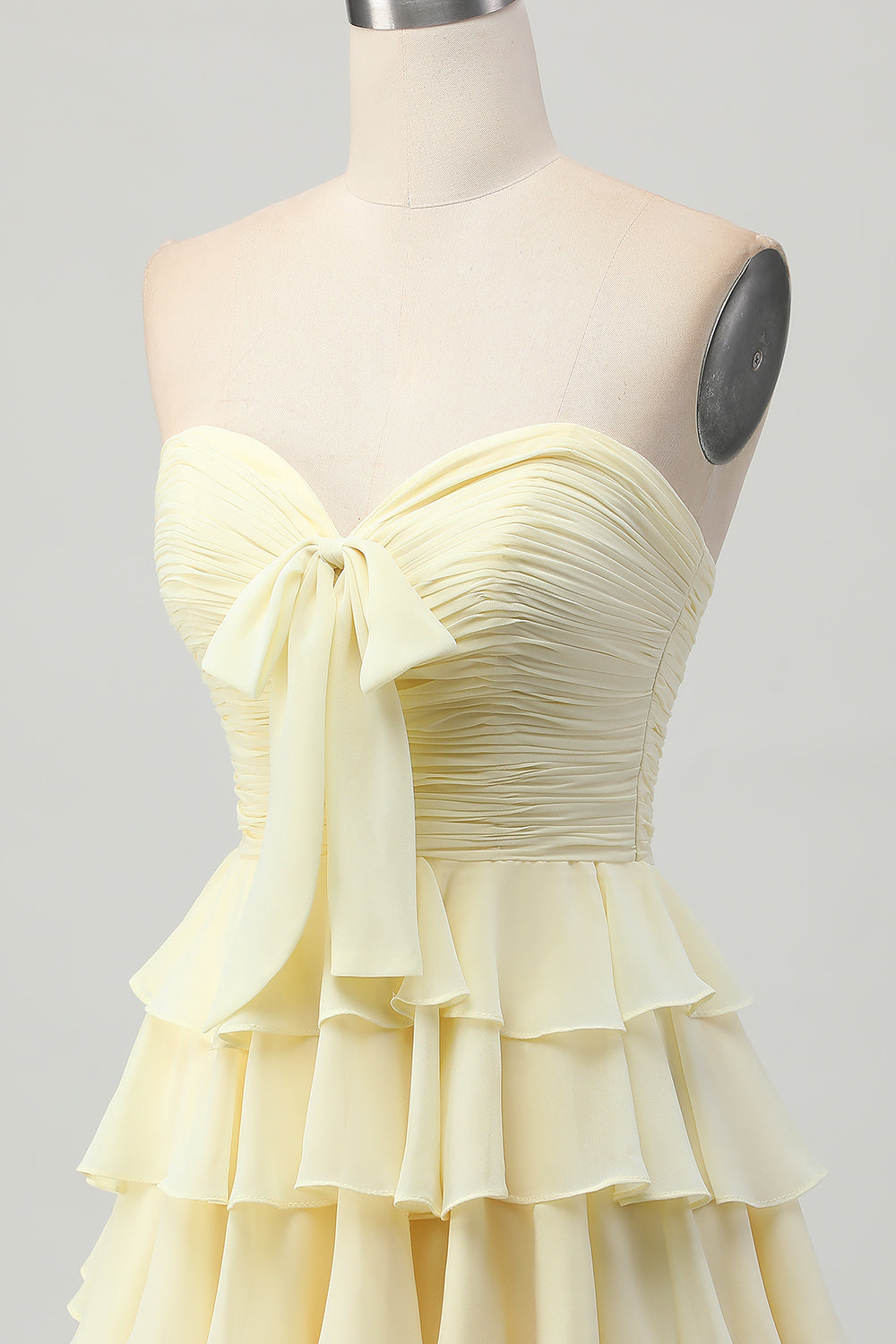 Yellow Strapless A Line Tiered Short Prom Dress with Bow