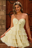 Cute Light Yellow Strapless Tiered A Line Short Prom Dress with Bow