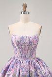 Purple Strapless Brocade A-Line Corset Mini Party Dress with Bubble-Hem