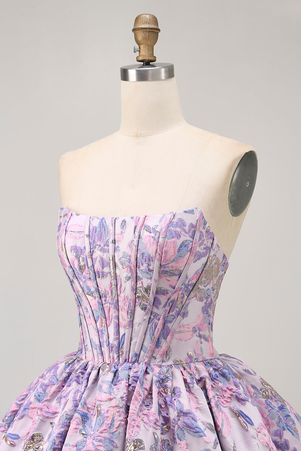 Purple Strapless Brocade A-Line Corset Mini Party Dress with Bubble-Hem