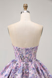 Purple Strapless Brocade A-Line Corset Mini Party Dress with Bubble-Hem
