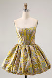 Yellow Strapless Fit and Flare Brocade A-Line Short Prom Dress