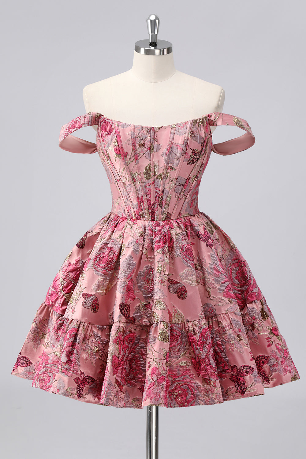 Off The Shoulder Dark Green Brocade Floral A Line Printed Cocktail Dress