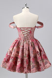 Off The Shoulder Dark Green Brocade Floral A Line Printed Cocktail Dress