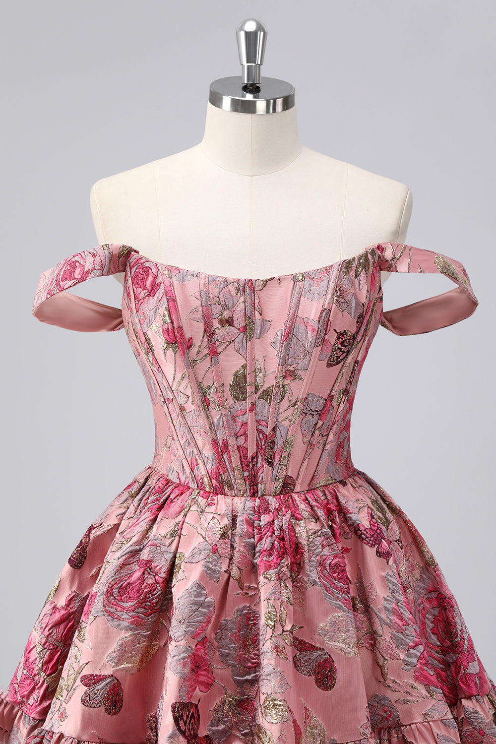 Off The Shoulder Dark Green Brocade Floral A Line Printed Cocktail Dress