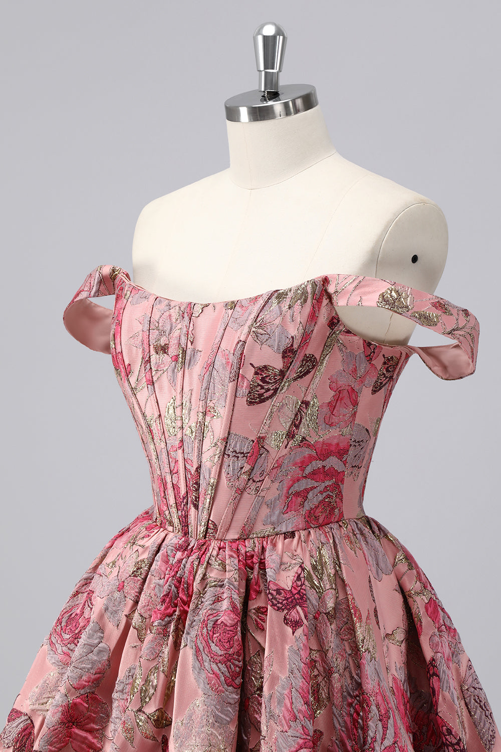 Off The Shoulder Dark Green Brocade Floral A Line Printed Cocktail Dress