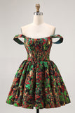 Off The Shoulder Dark Green Brocade Floral A Line Printed Cocktail Dress