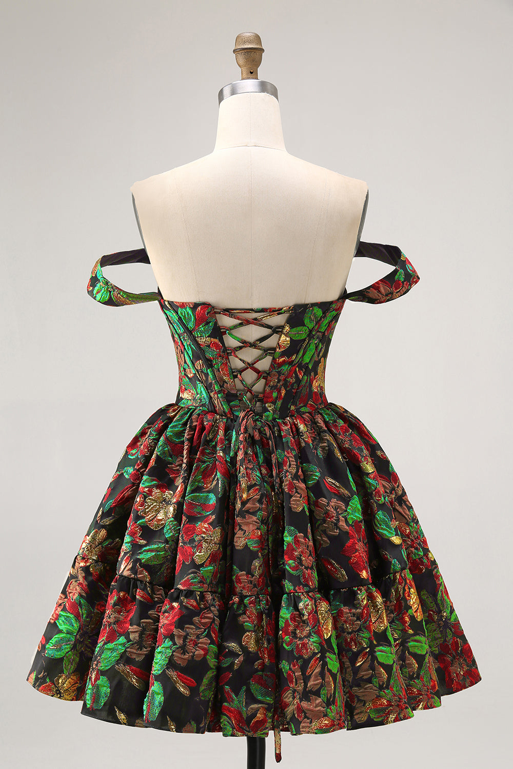 Off The Shoulder Dark Green Brocade Floral A Line Printed Cocktail Dress