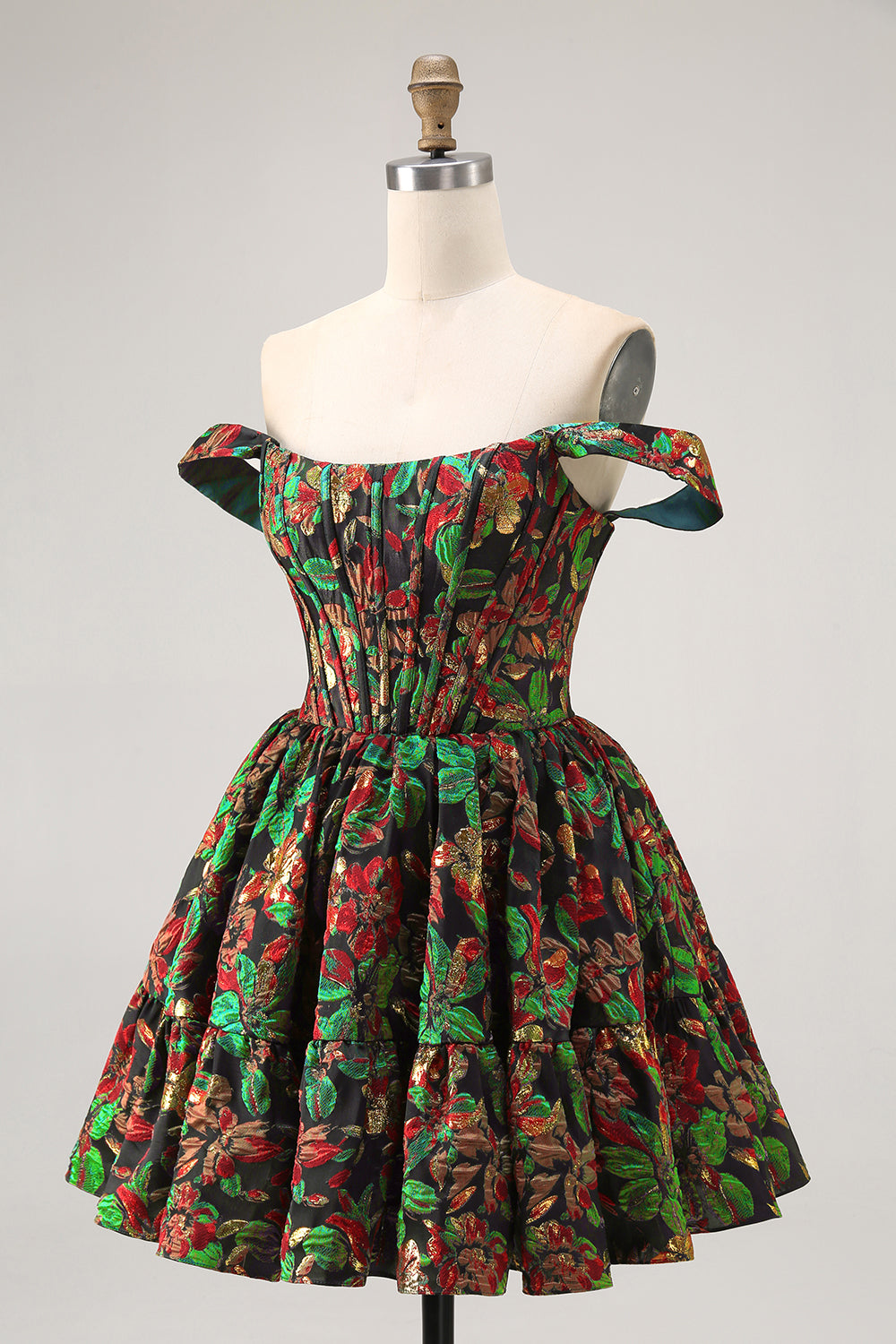 Off The Shoulder Dark Green Brocade Floral A Line Printed Cocktail Dress