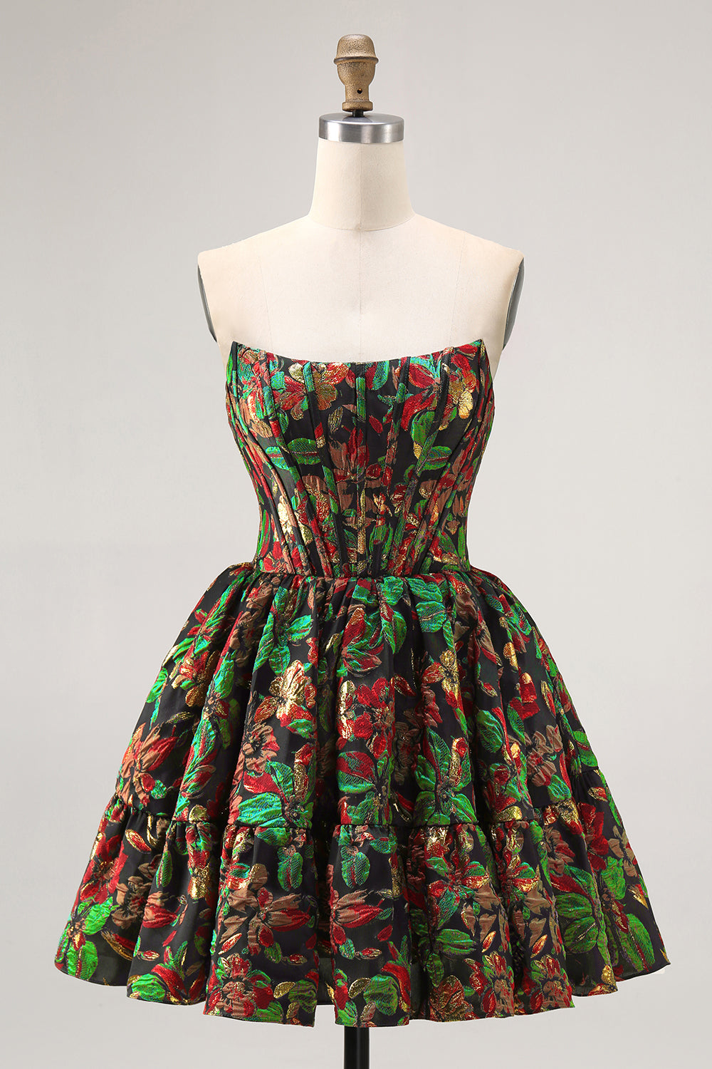 Off The Shoulder Dark Green Brocade Floral A Line Printed Cocktail Dress