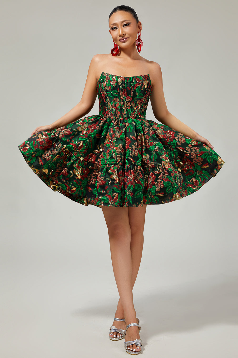 Off The Shoulder Dark Green Brocade Floral A Line Printed Cocktail Dress