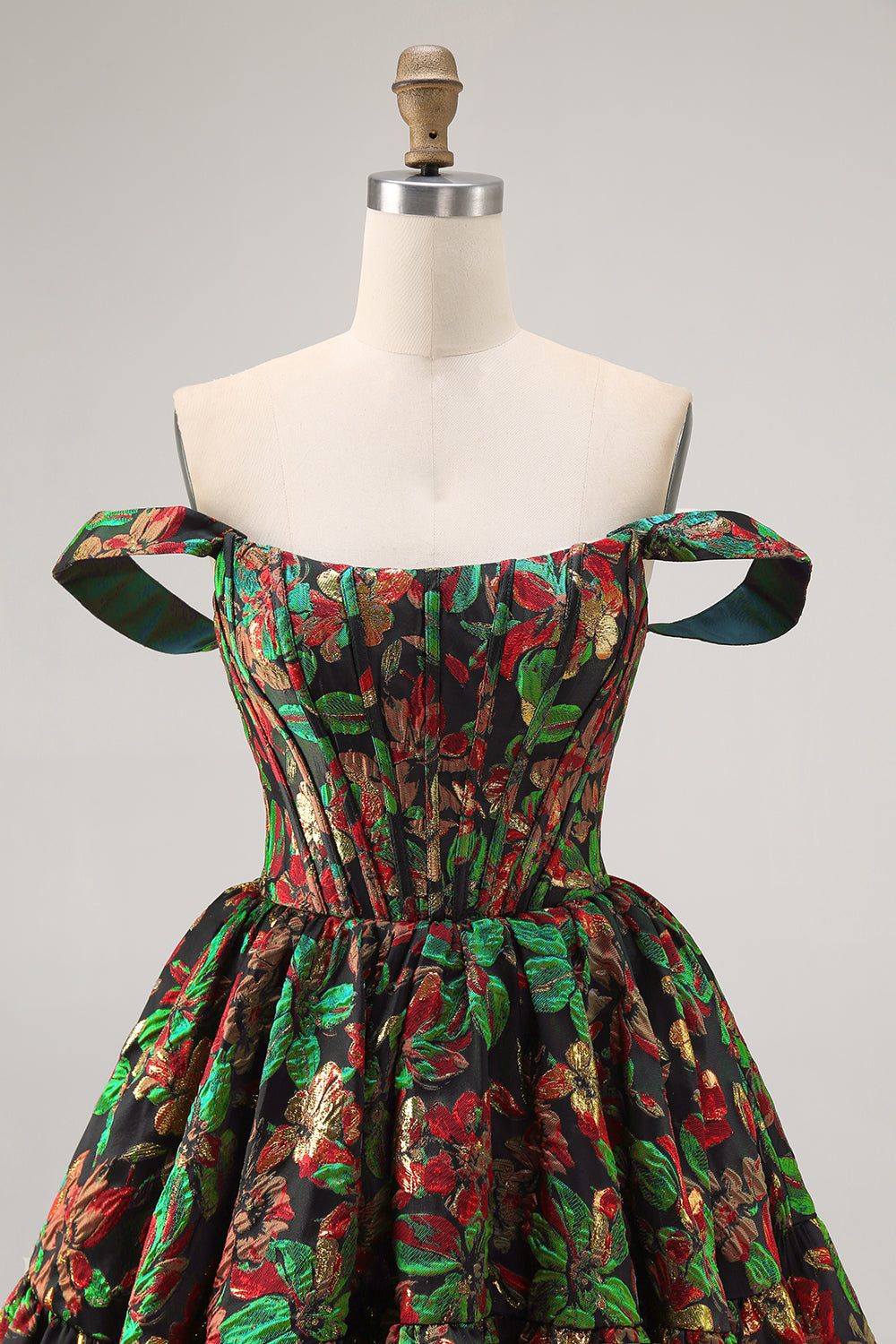Off The Shoulder Dark Green Brocade Floral A Line Printed Cocktail Dress