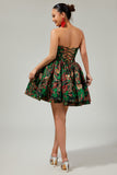 Off The Shoulder Dark Green Brocade Floral A Line Printed Cocktail Dress