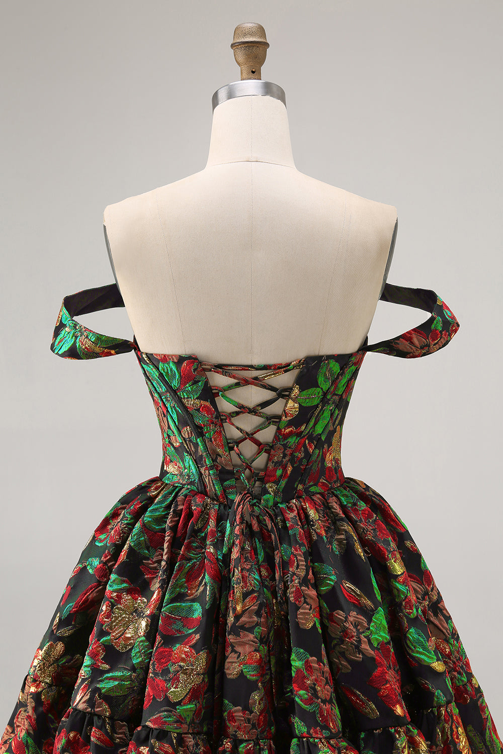 Off The Shoulder Dark Green Brocade Floral A Line Printed Cocktail Dress