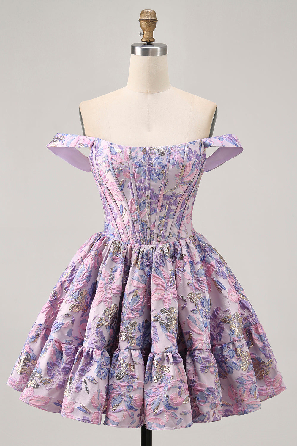 Off The Shoulder Dark Green Brocade Floral A Line Printed Cocktail Dress