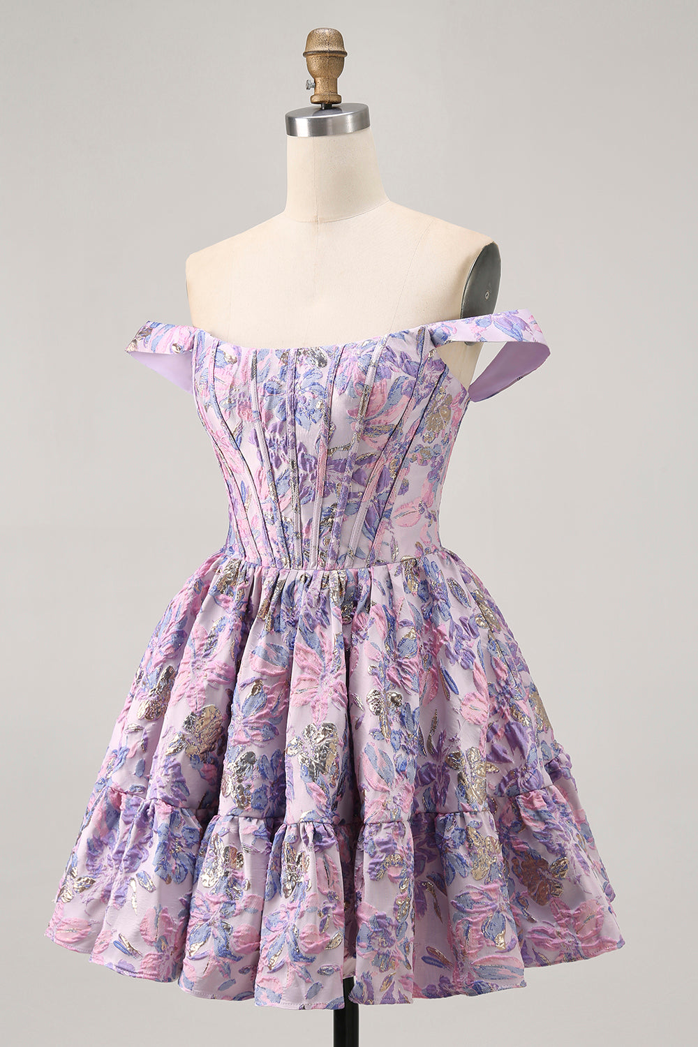 Off The Shoulder Dark Green Brocade Floral A Line Printed Cocktail Dress
