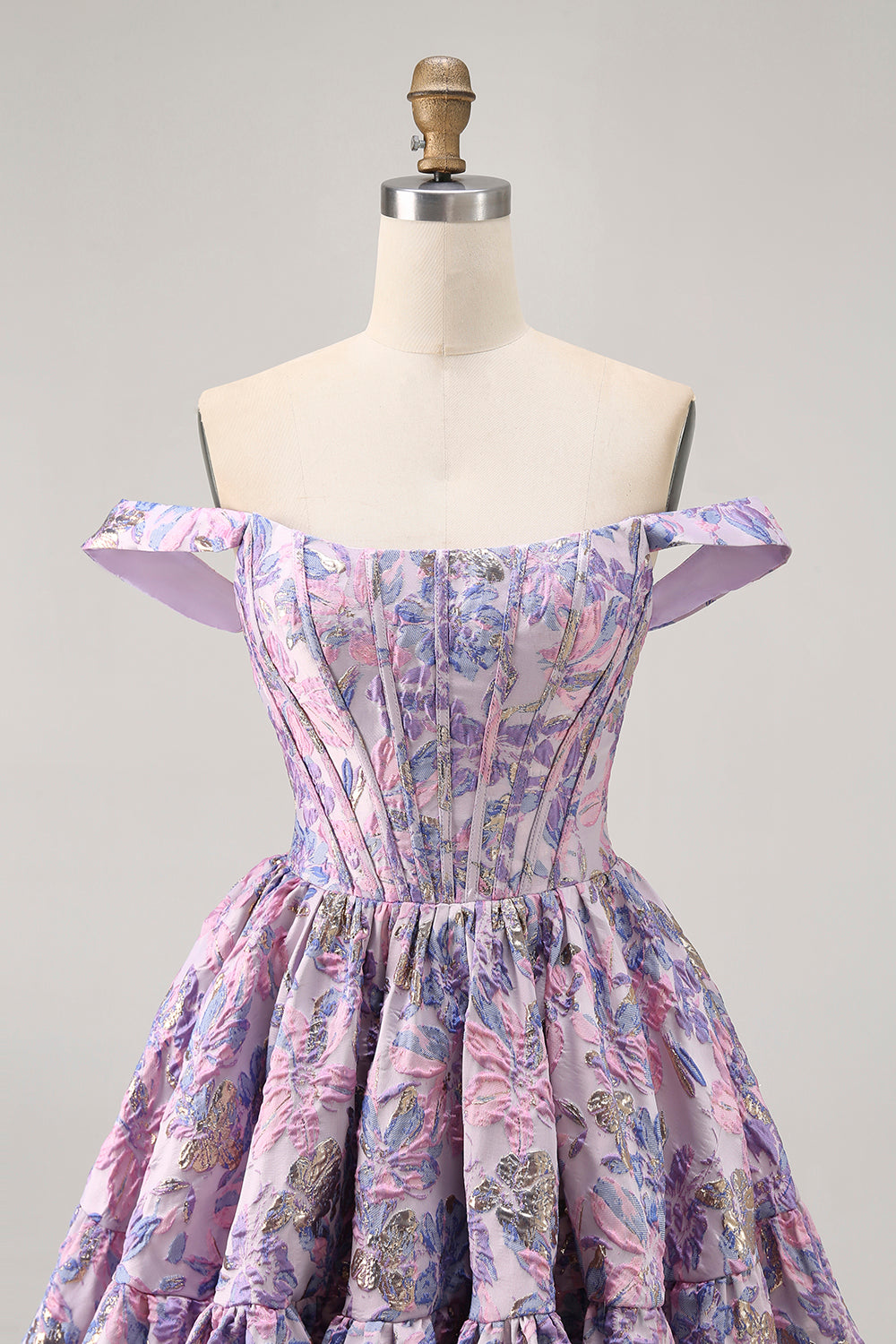 Off The Shoulder Dark Green Brocade Floral A Line Printed Cocktail Dress