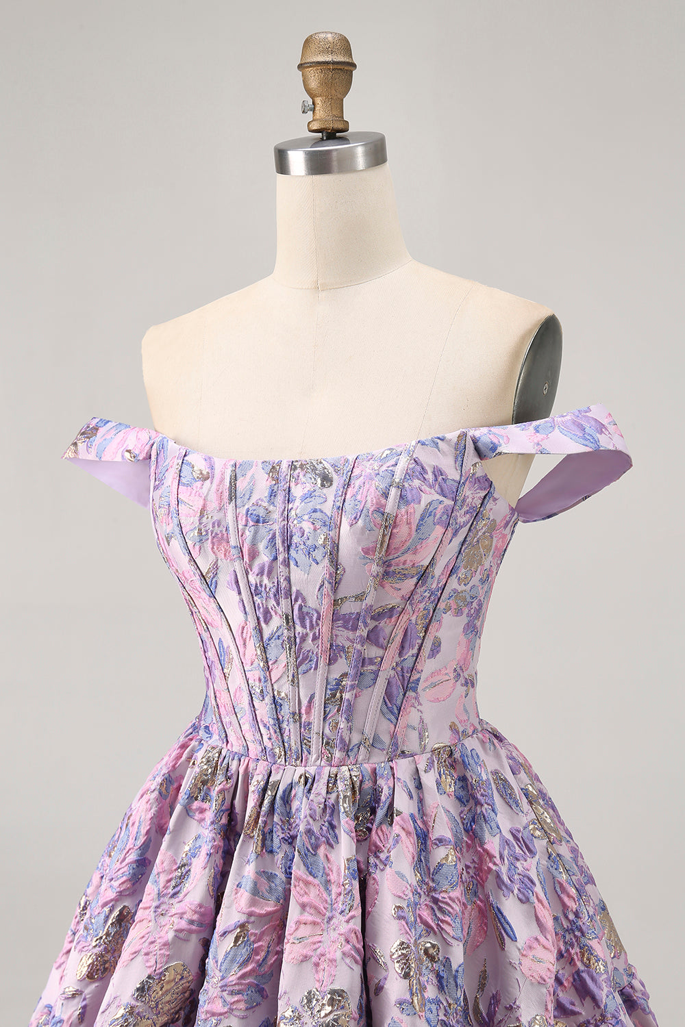 Off The Shoulder Dark Green Brocade Floral A Line Printed Cocktail Dress