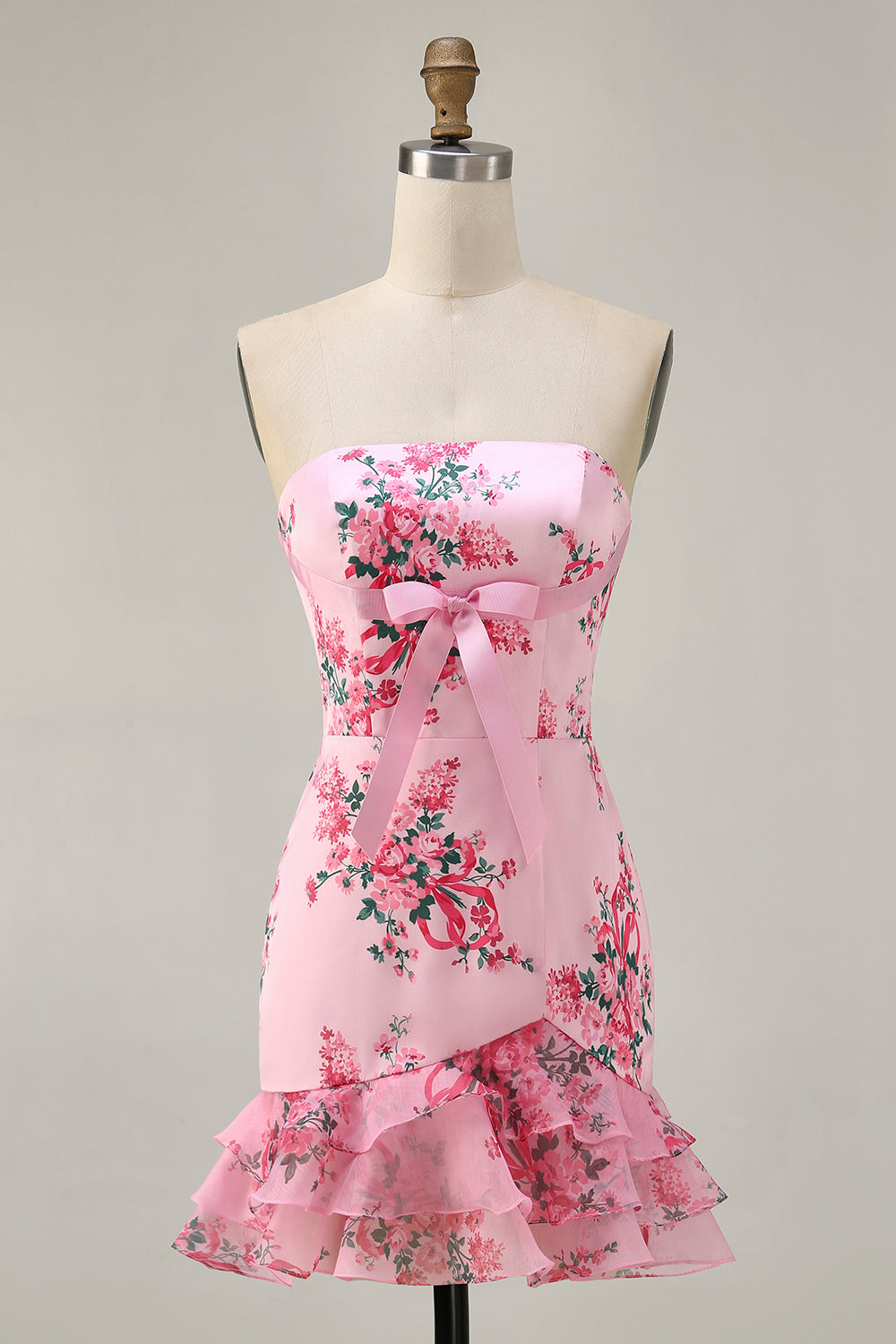 Pink Floral Bodycon Strapless Printed Short Party Dress with Ruffles