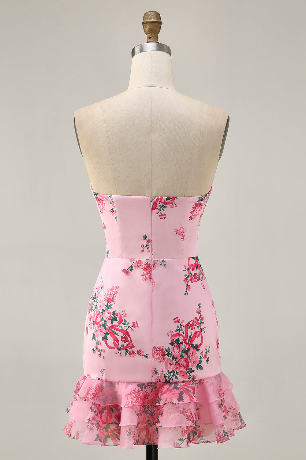 Pink Floral Bodycon Strapless Printed Short Party Dress with Ruffles