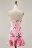 Pink Floral Bodycon Strapless Printed Short Party Dress with Ruffles