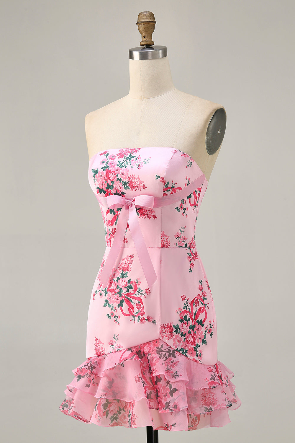 Pink Floral Bodycon Strapless Printed Short Party Dress with Ruffles