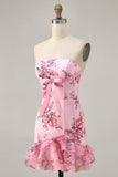 Pink Floral Bodycon Strapless Printed Short Party Dress with Ruffles